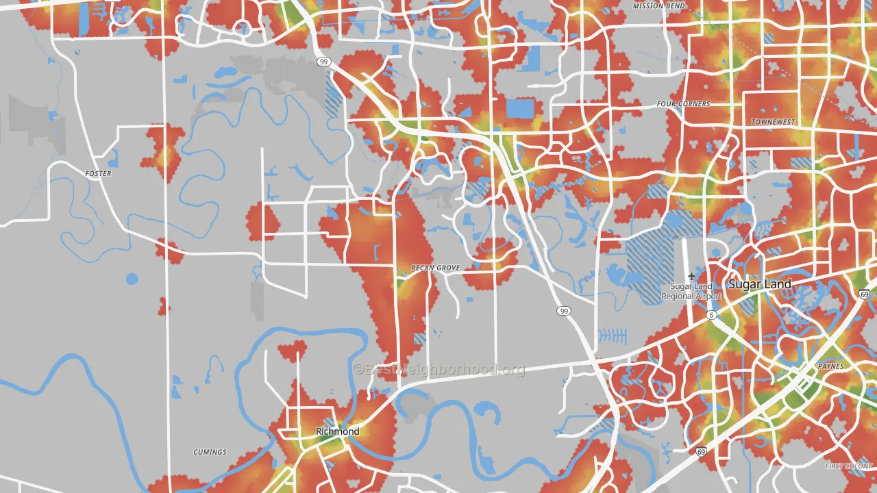 Walk Grade map of Richmond, TX, walkable areas in green and car-dependent areas in red