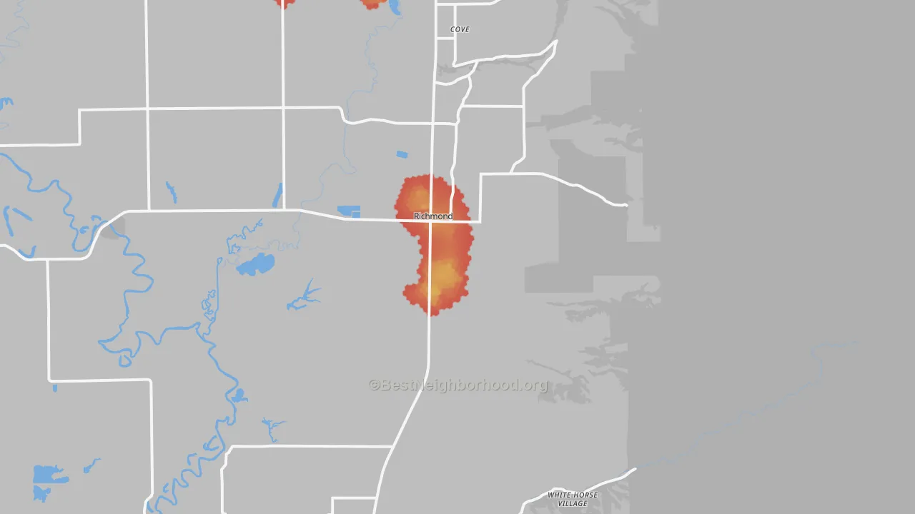 Walk Grade map of Richmond, UT, walkable areas in green and car-dependent areas in red