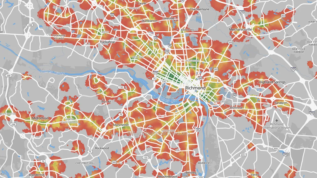 Walk Grade map of Richmond, VA, walkable areas in green and car-dependent areas in red