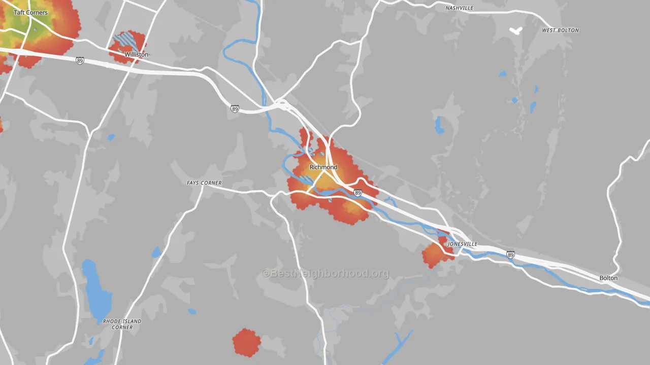 Walk Grade map of Richmond, VT, walkable areas in green and car-dependent areas in red
