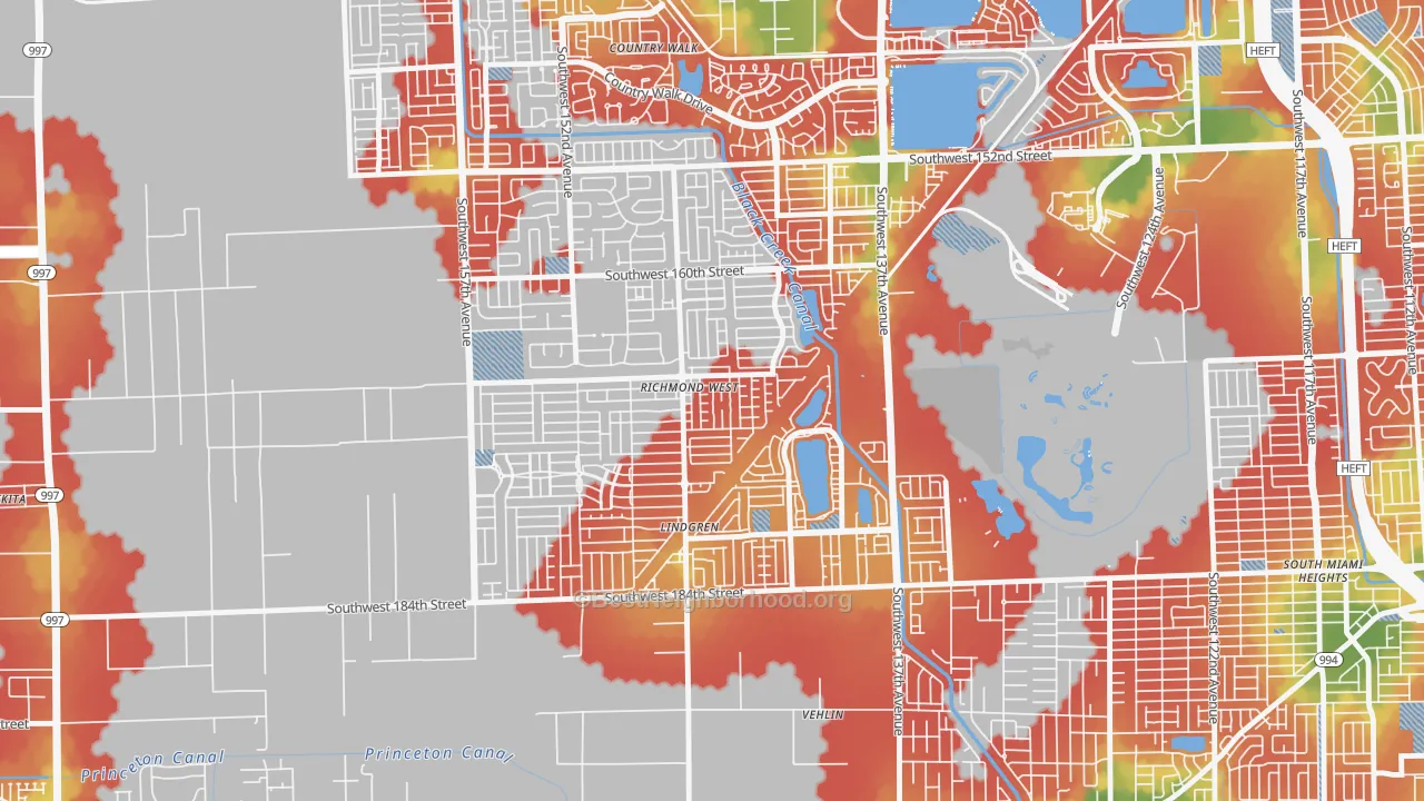 Walk Grade map of Richmond West, FL, walkable areas in green and car-dependent areas in red