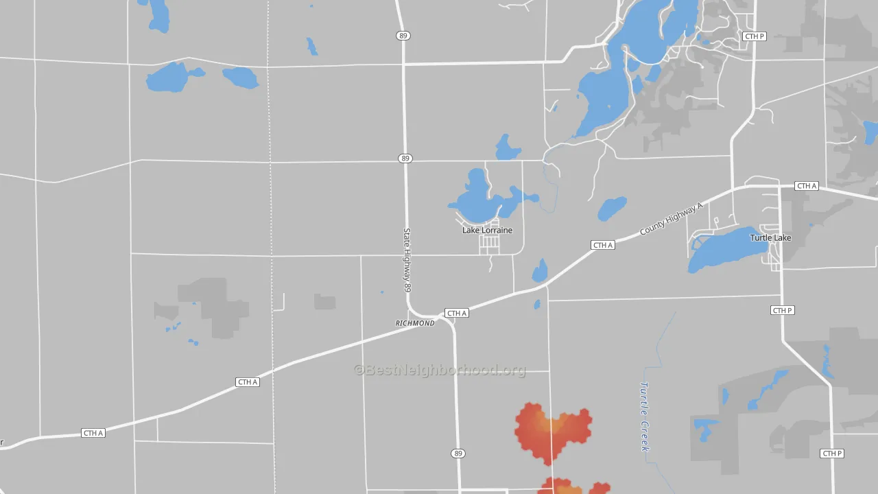 Walk Grade map of Richmond, WI, walkable areas in green and car-dependent areas in red