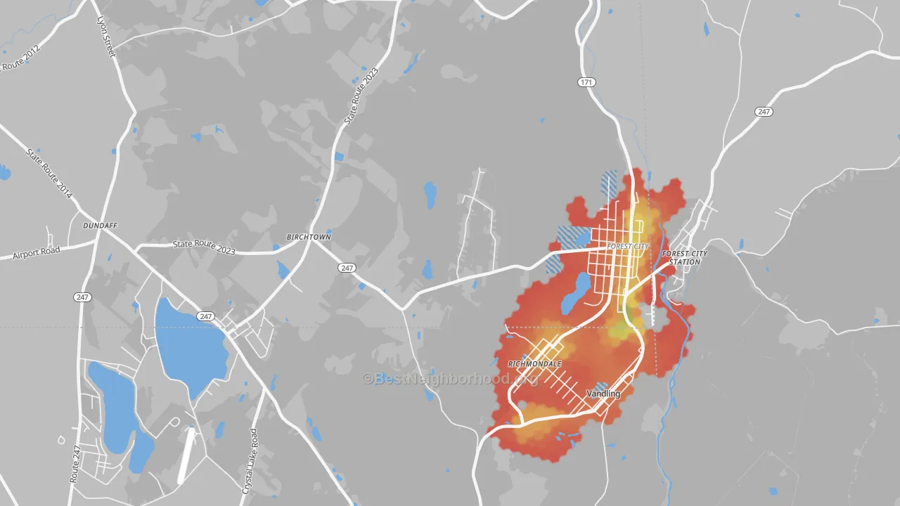Walk Grade map of Richmondale, PA, walkable areas in green and car-dependent areas in red