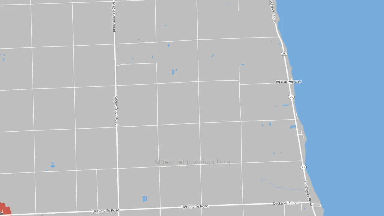 Walk Grade map of Richmondville, MI, walkable areas in green and car-dependent areas in red