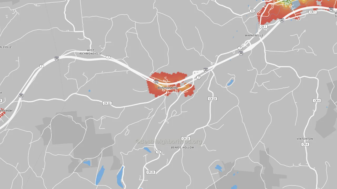 Walk Grade map of Richmondville, NY, walkable areas in green and car-dependent areas in red