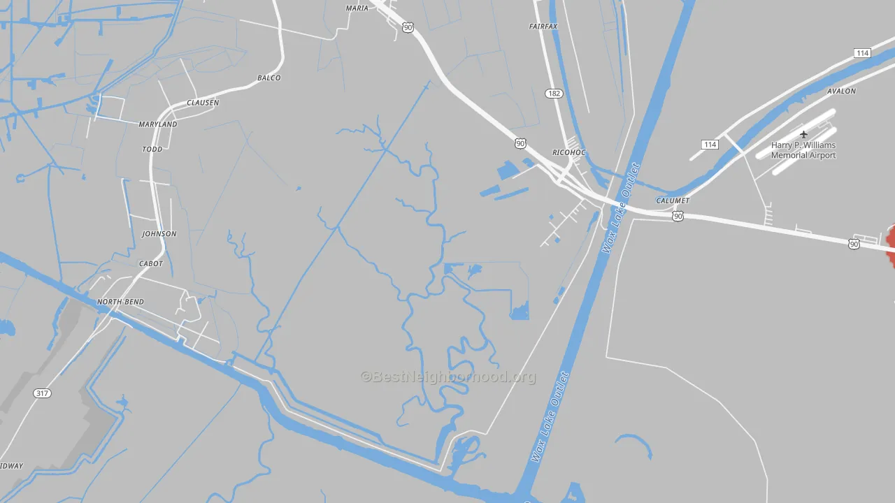 Walk Grade map of Richohoc, LA, walkable areas in green and car-dependent areas in red
