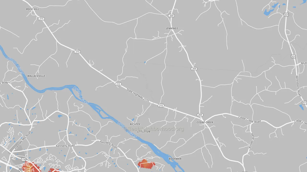Walk Grade map of Richtex, SC, walkable areas in green and car-dependent areas in red