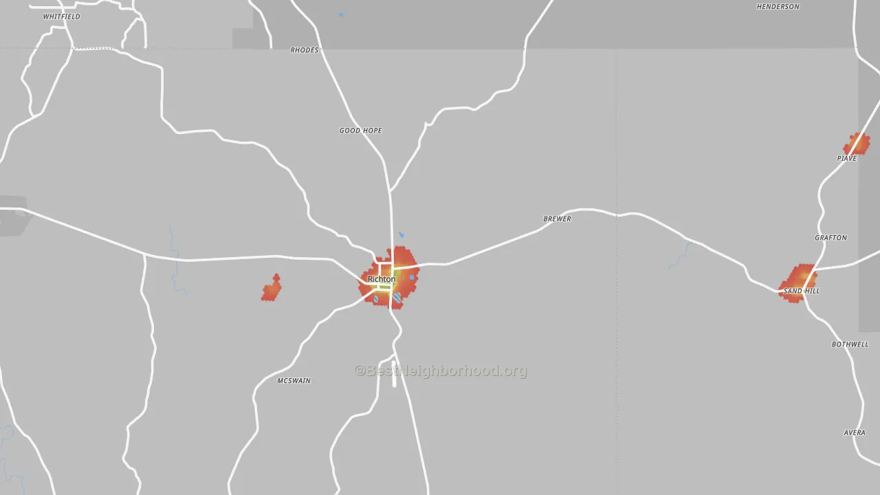 Walk Grade map of Richton, MS, walkable areas in green and car-dependent areas in red
