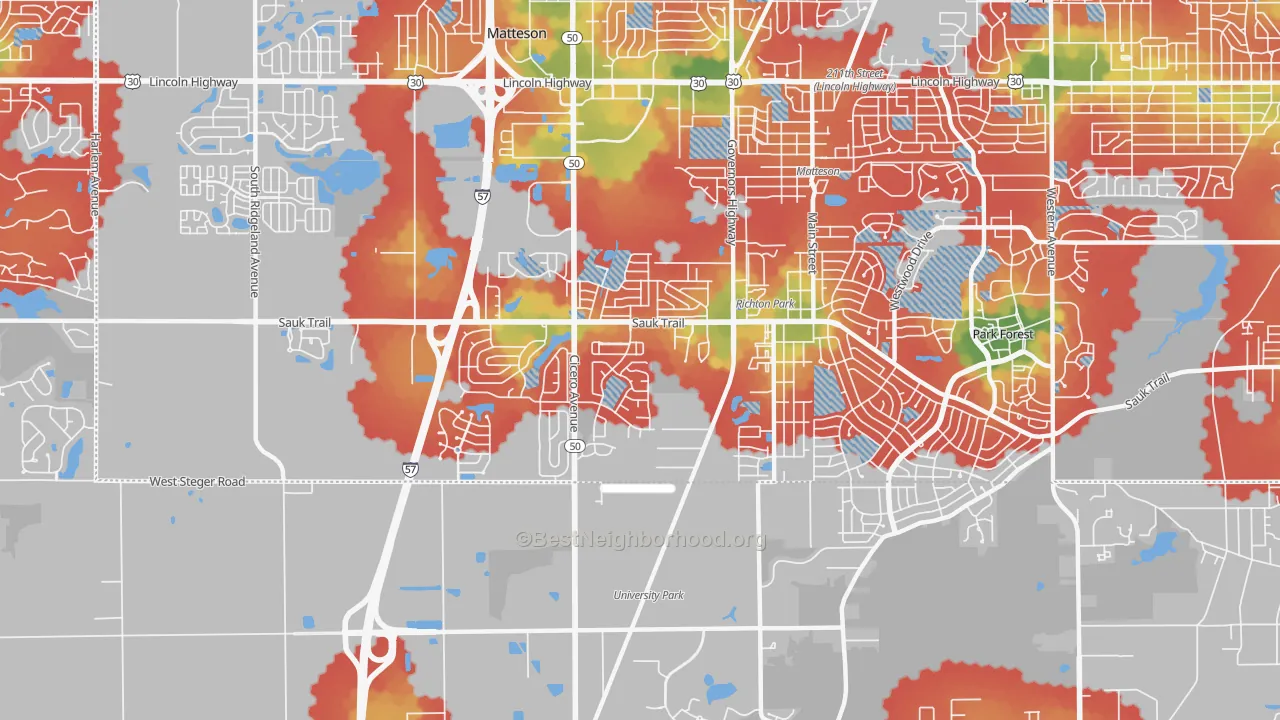 Walk Grade map of Richton Park, IL, walkable areas in green and car-dependent areas in red