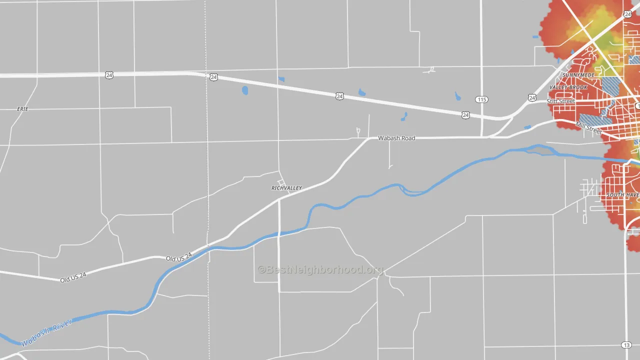 Walk Grade map of Richvalley, IN, walkable areas in green and car-dependent areas in red