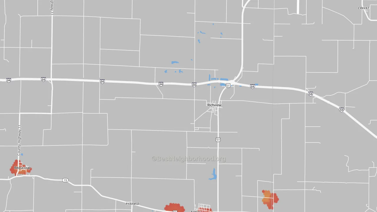 Walk Grade map of Richview, IL, walkable areas in green and car-dependent areas in red