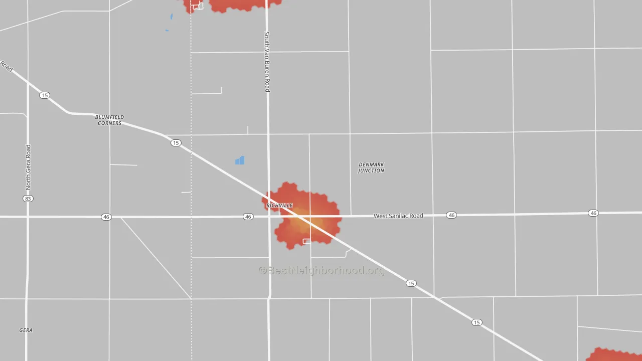 Walk Grade map of Richville, MI, walkable areas in green and car-dependent areas in red