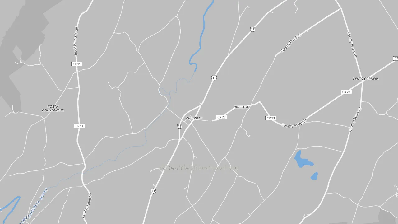 Walk Grade map of Richville, NY, walkable areas in green and car-dependent areas in red