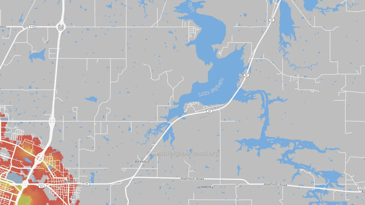 Walk Grade map of Richville, OK, walkable areas in green and car-dependent areas in red