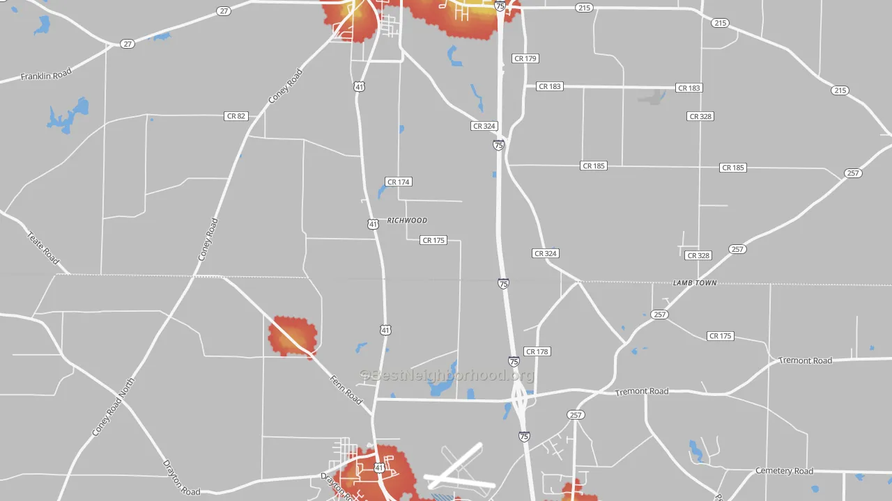 Walk Grade map of Richwood, GA, walkable areas in green and car-dependent areas in red