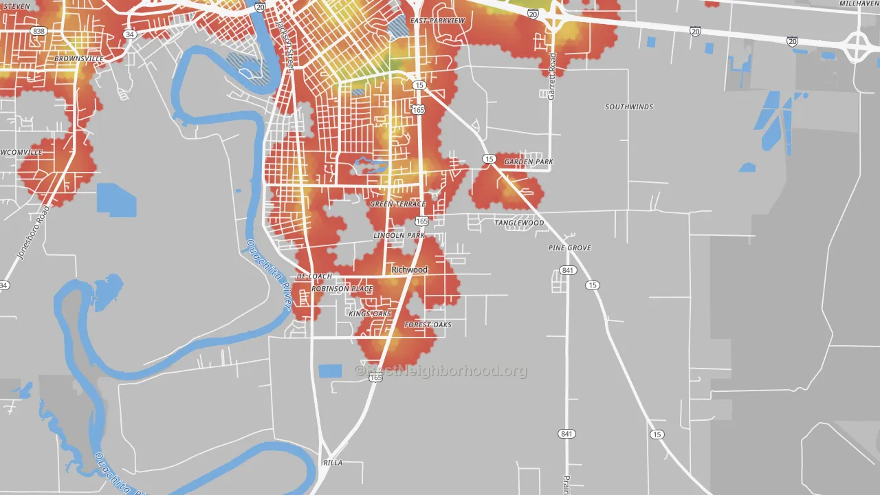 Walk Grade map of Richwood, LA, walkable areas in green and car-dependent areas in red