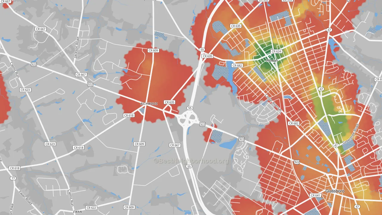 Walk Grade map of Richwood, NJ, walkable areas in green and car-dependent areas in red