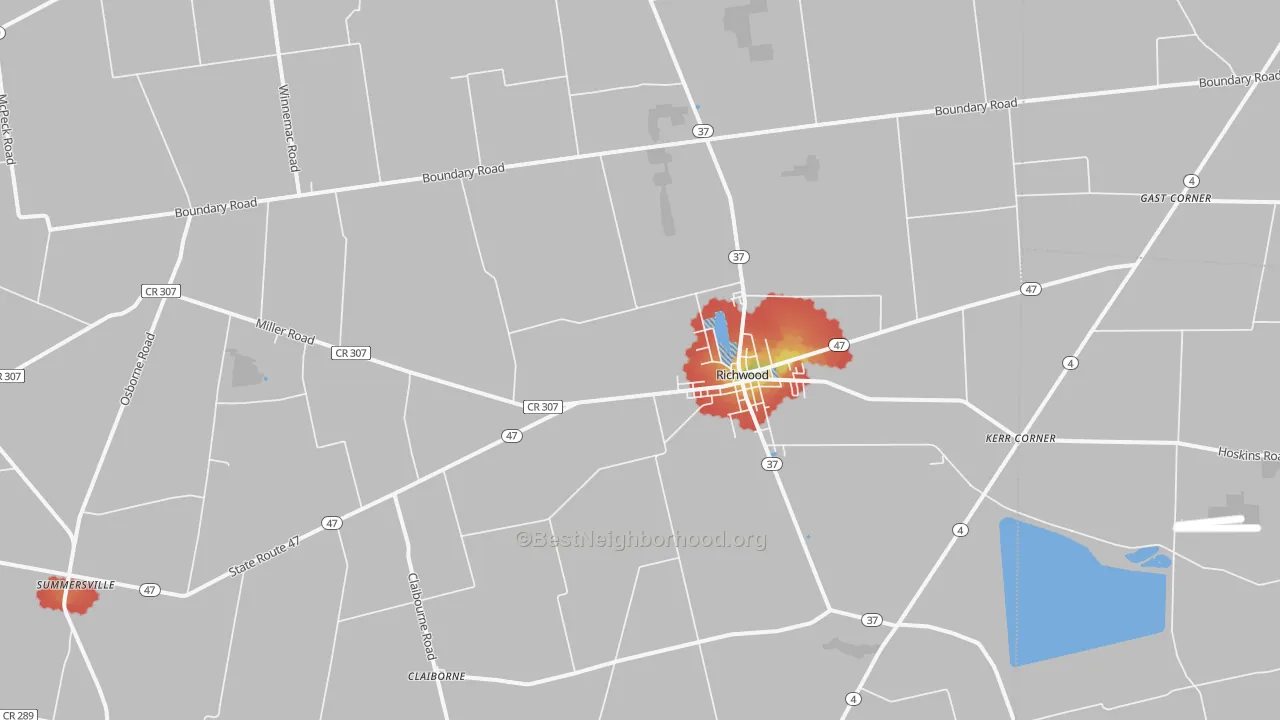 Walk Grade map of Richwood, OH, walkable areas in green and car-dependent areas in red
