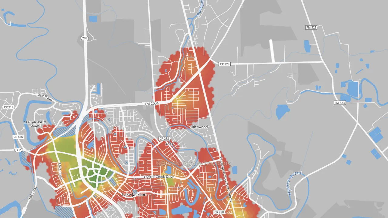 Walk Grade map of Richwood, TX, walkable areas in green and car-dependent areas in red