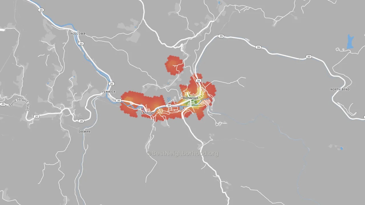 Walk Grade map of Richwood, WV, walkable areas in green and car-dependent areas in red