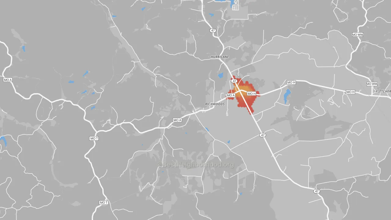 Walk Grade map of Richwoods, MO, walkable areas in green and car-dependent areas in red