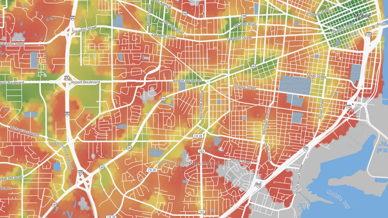 Walk Grade map of Rickarby, Mobile, AL, walkable areas in green and car-dependent areas in red