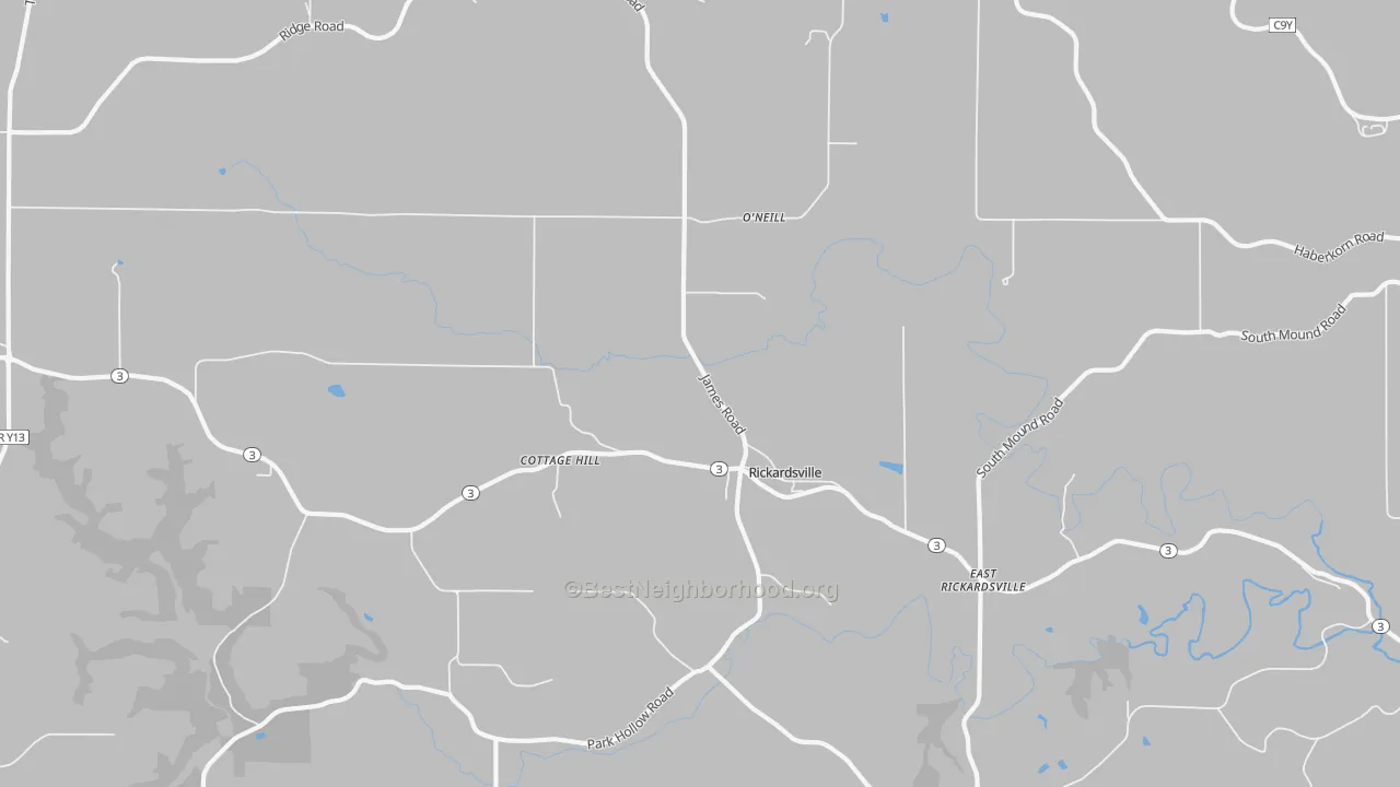 Walk Grade map of Rickardsville, IA, walkable areas in green and car-dependent areas in red