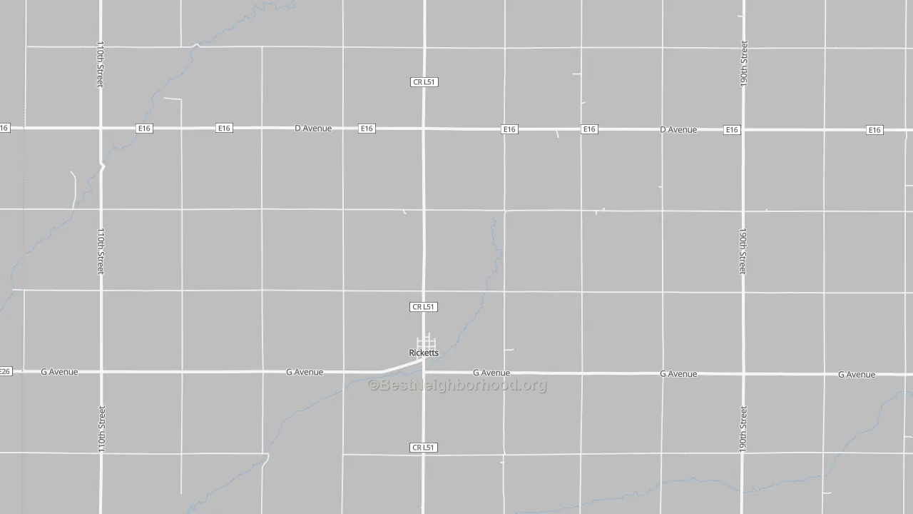 Walk Grade map of Ricketts, IA, walkable areas in green and car-dependent areas in red