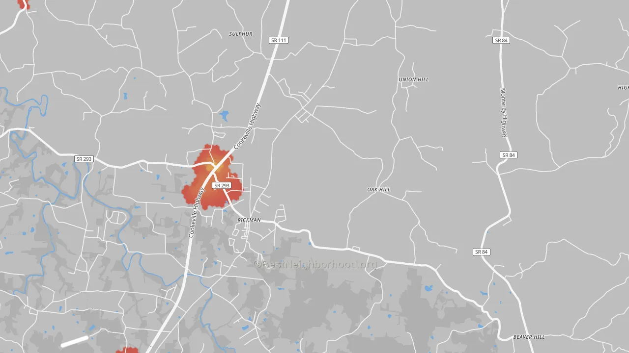 Walk Grade map of Rickman, TN, walkable areas in green and car-dependent areas in red