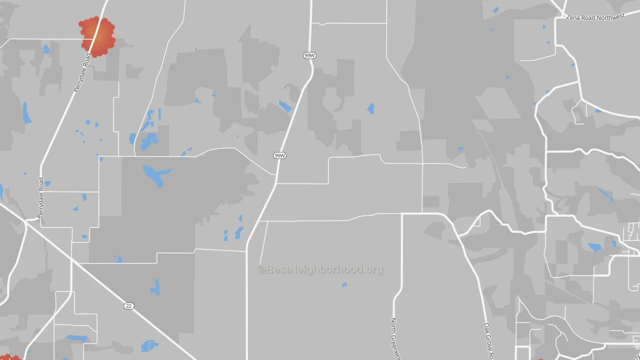 Walk Grade map of Rickreall, OR, walkable areas in green and car-dependent areas in red