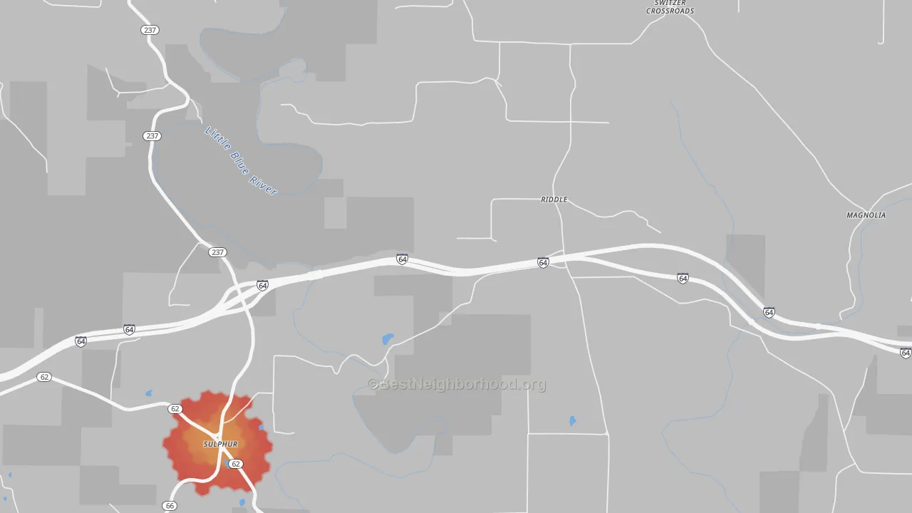 Walk Grade map of Riddle, IN, walkable areas in green and car-dependent areas in red