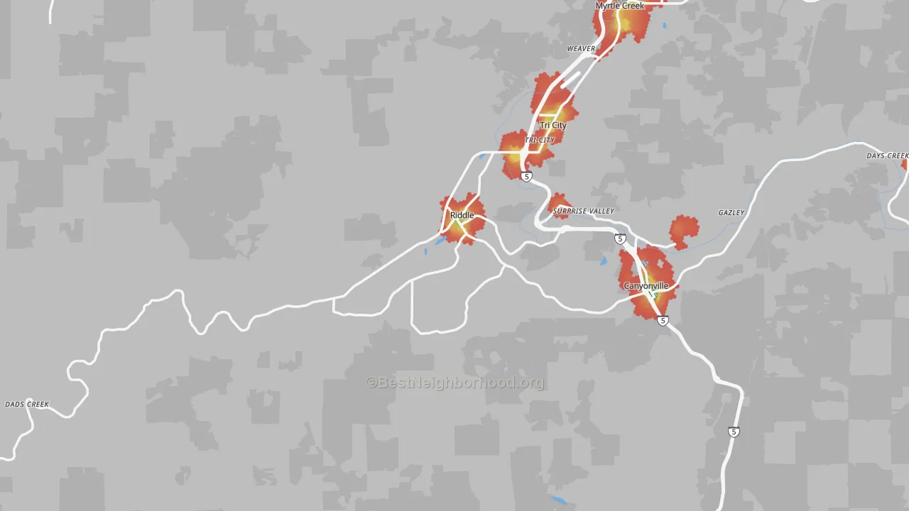 Walk Grade map of Riddle, OR, walkable areas in green and car-dependent areas in red