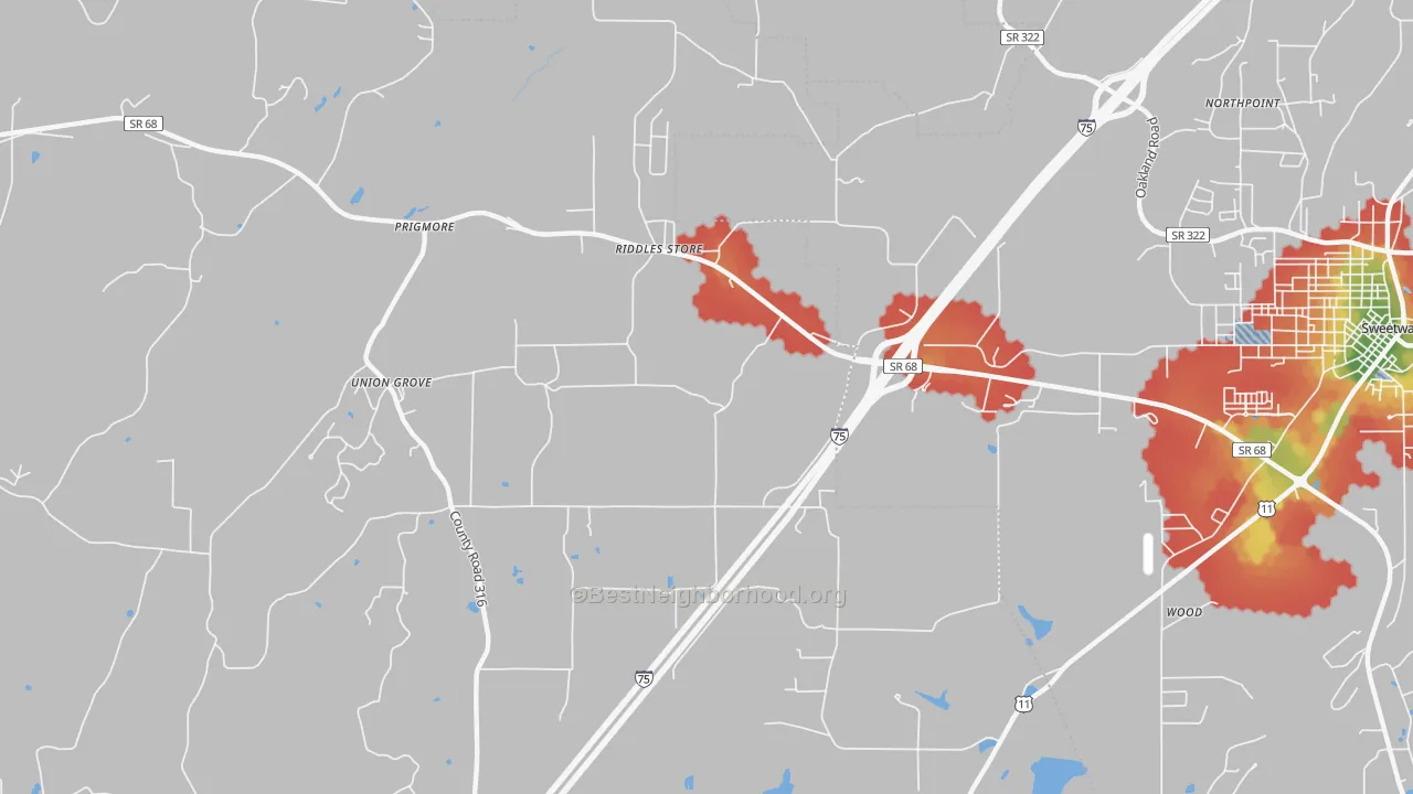 Walk Grade map of Riddles Store, TN, walkable areas in green and car-dependent areas in red