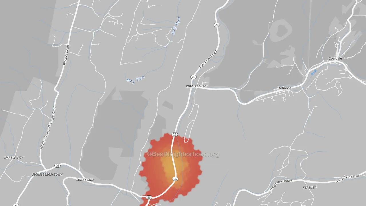 Walk Grade map of Riddlesburg, PA, walkable areas in green and car-dependent areas in red