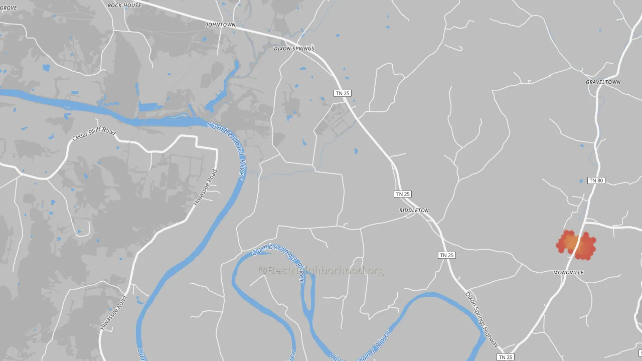 Walk Grade map of Riddleton, TN, walkable areas in green and car-dependent areas in red