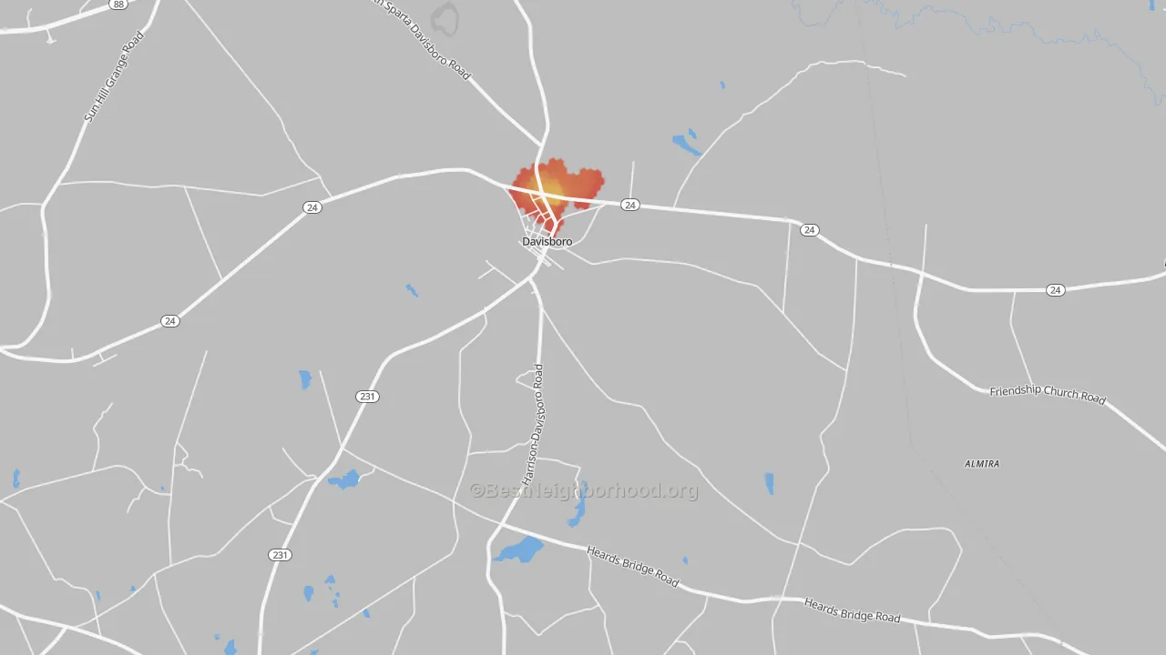 Walk Grade map of Riddleville, GA, walkable areas in green and car-dependent areas in red
