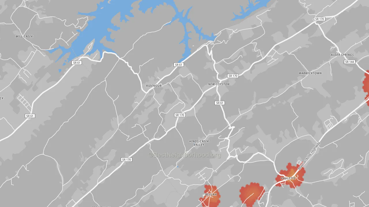 Walk Grade map of Ridenour, TN, walkable areas in green and car-dependent areas in red