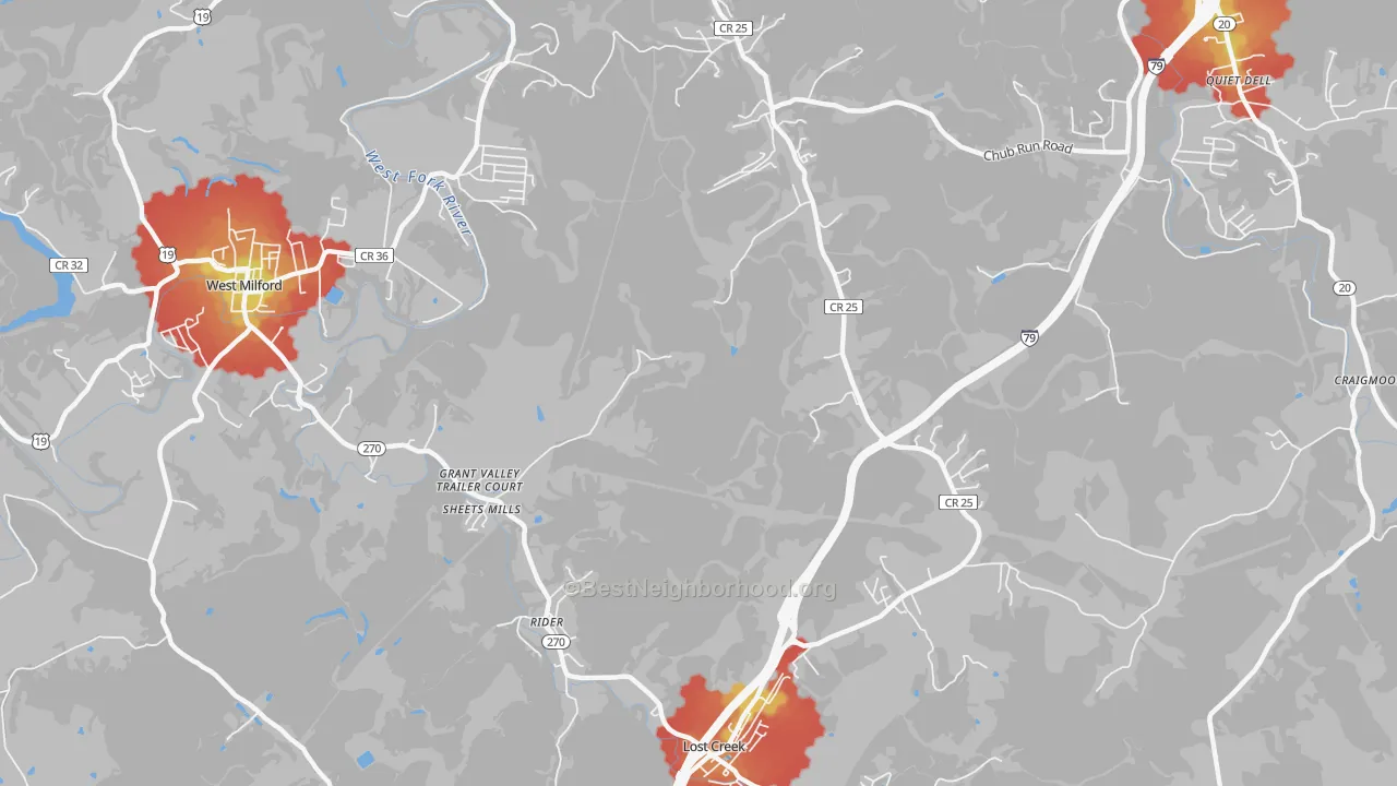 Walk Grade map of Rider, WV, walkable areas in green and car-dependent areas in red
