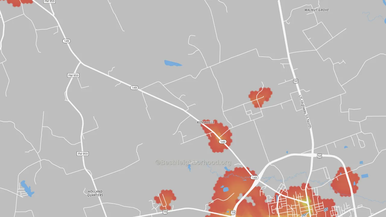 Walk Grade map of Riderville, TX, walkable areas in green and car-dependent areas in red