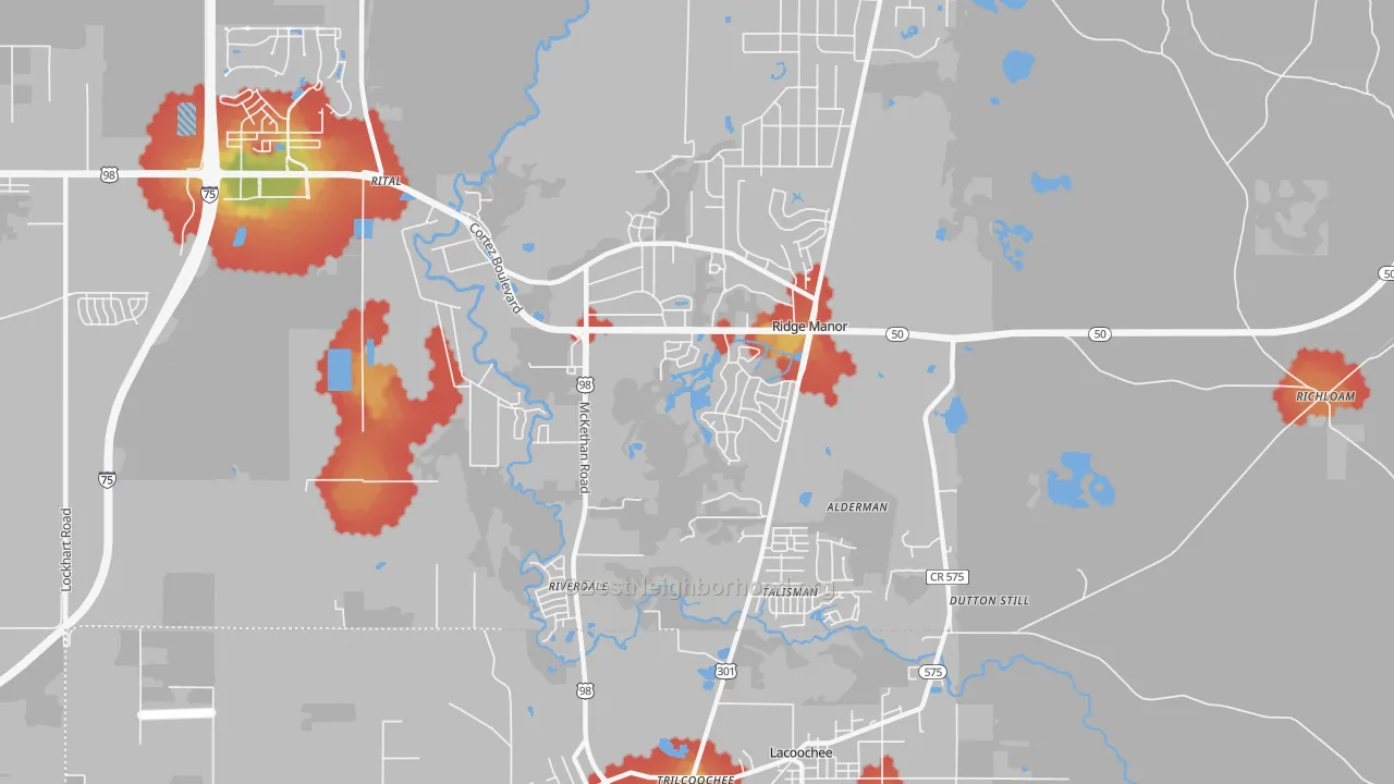 Walk Grade map of Ridge Manor, FL, walkable areas in green and car-dependent areas in red