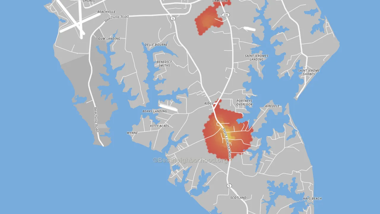 Walk Grade map of Ridge, MD, walkable areas in green and car-dependent areas in red