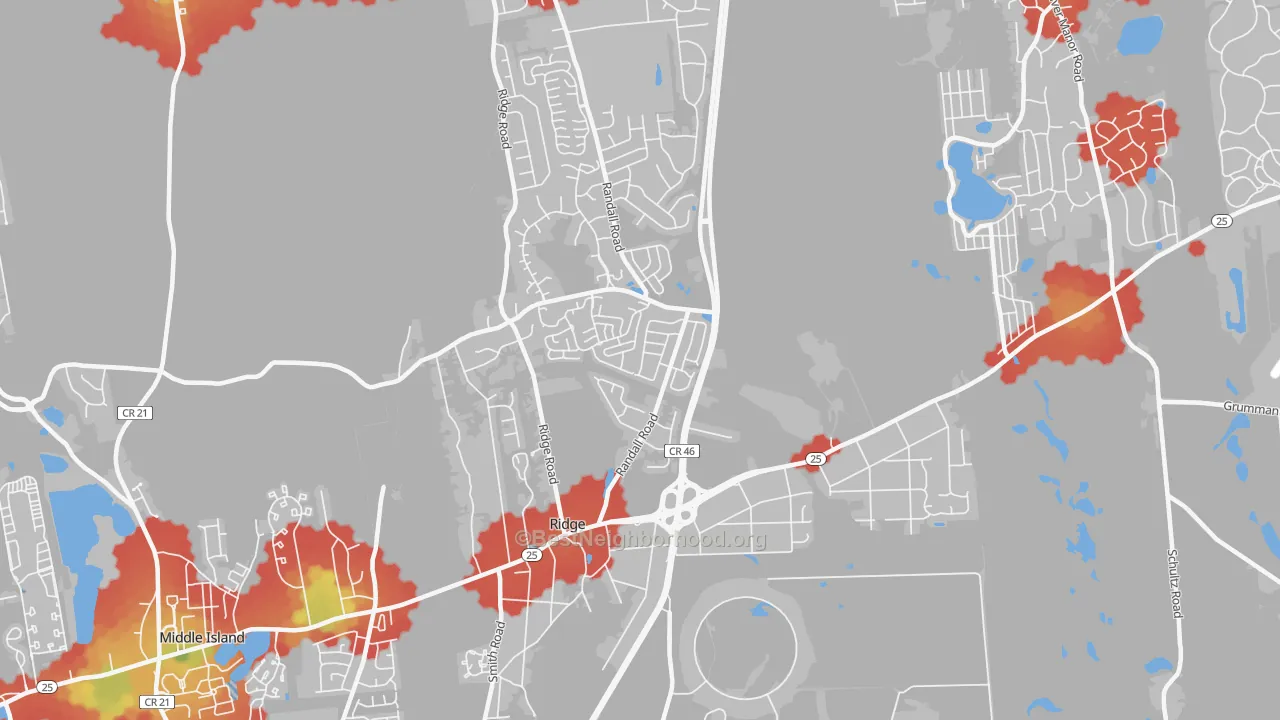 Walk Grade map of Ridge, NY, walkable areas in green and car-dependent areas in red
