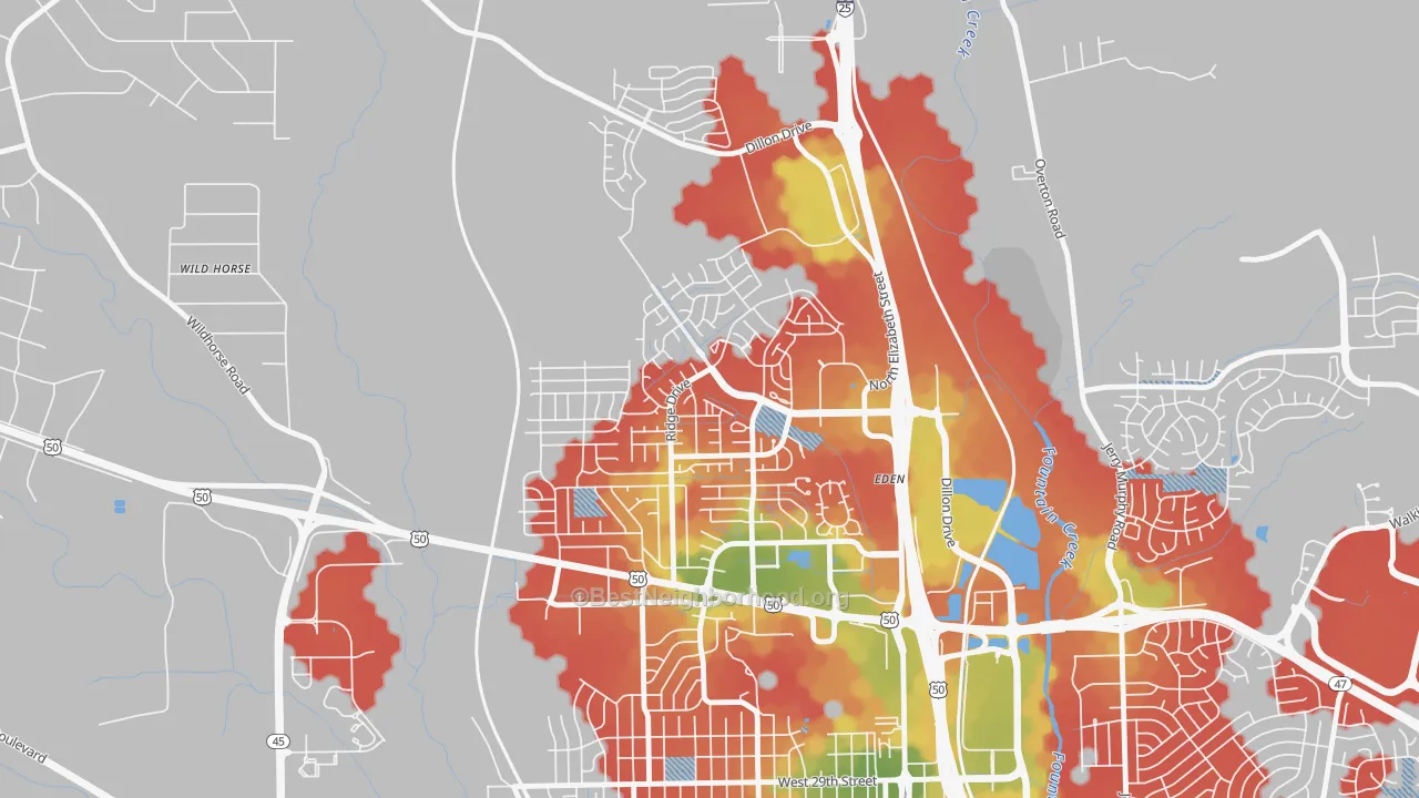 Walk Grade map of Ridge, Pueblo, CO, walkable areas in green and car-dependent areas in red
