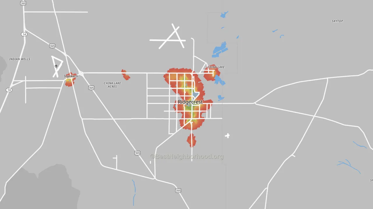 Walk Grade map of Ridgecrest, CA, walkable areas in green and car-dependent areas in red