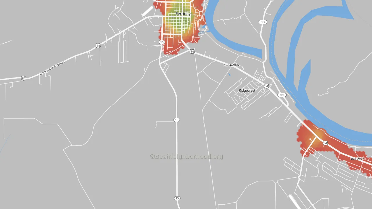Walk Grade map of Ridgecrest, LA, walkable areas in green and car-dependent areas in red