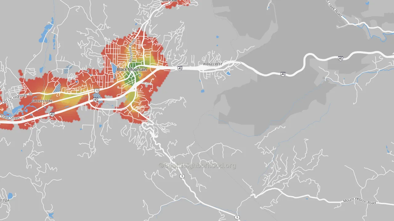 Walk Grade map of Ridgecrest, NC, walkable areas in green and car-dependent areas in red