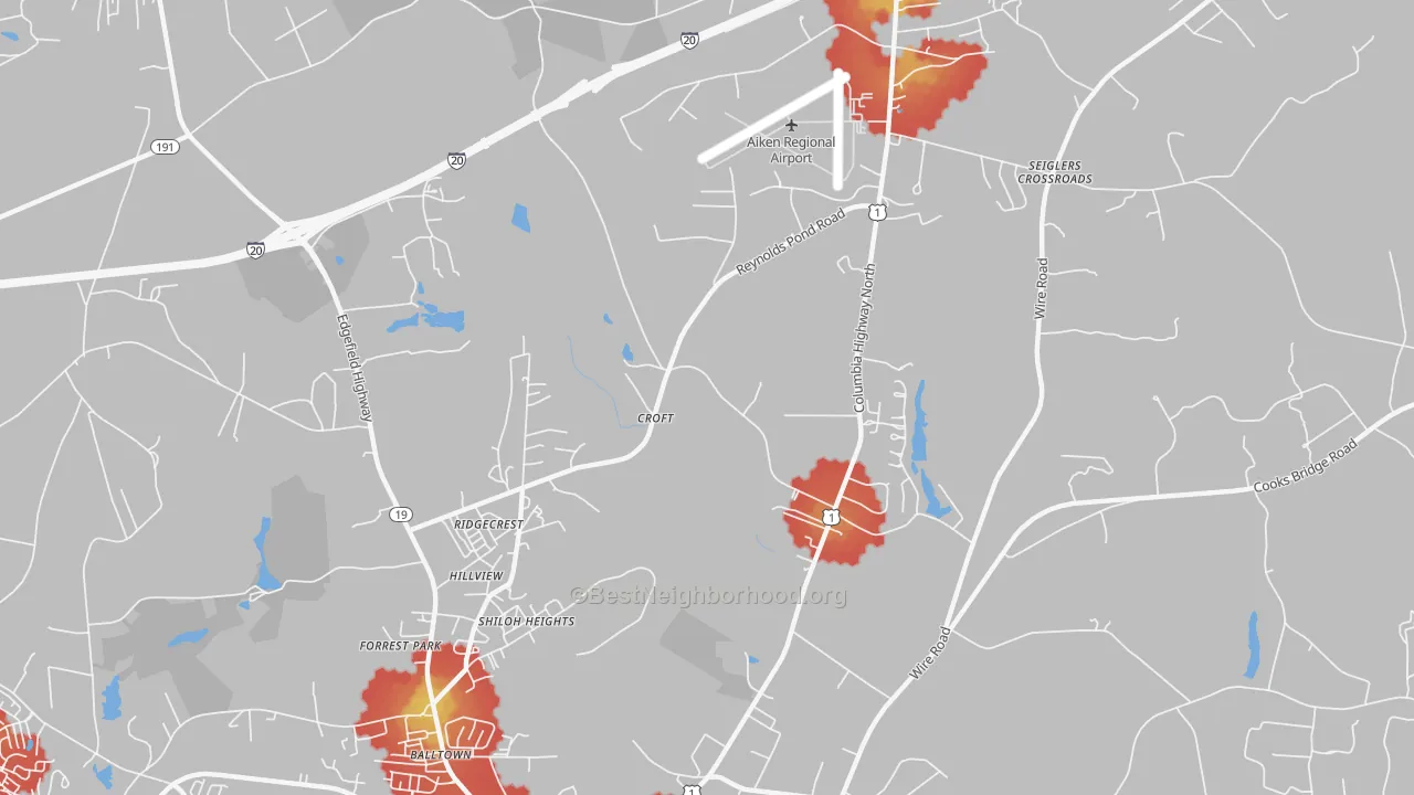 Walk Grade map of Ridgecrest, SC, walkable areas in green and car-dependent areas in red