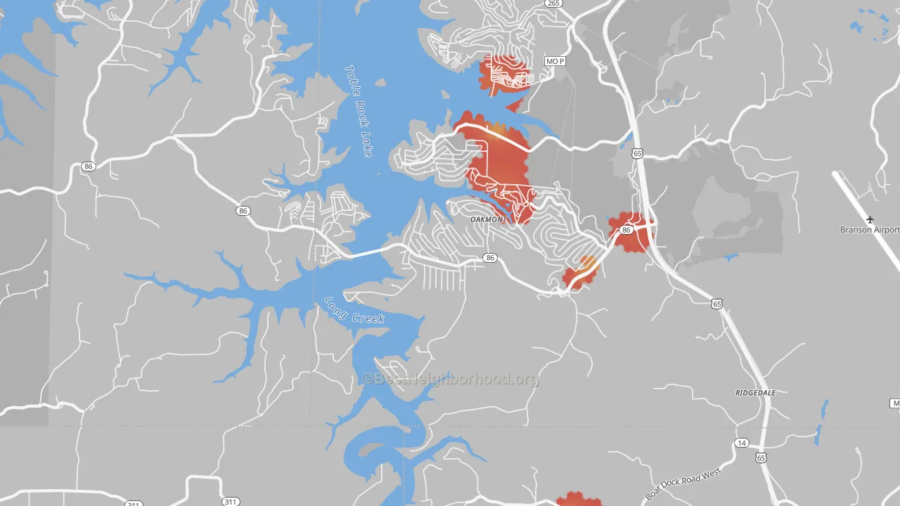 Walk Grade map of Ridgedale, MO, walkable areas in green and car-dependent areas in red