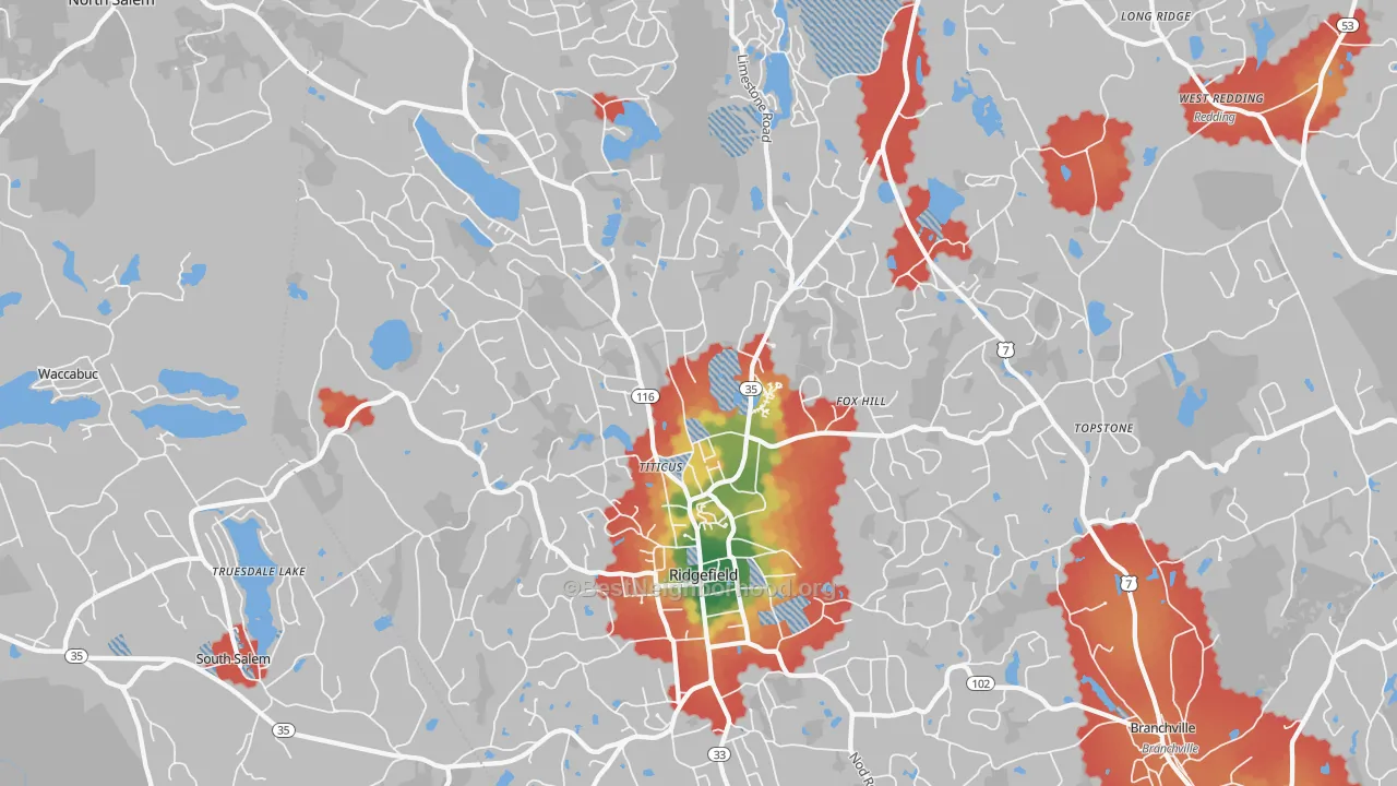 Walk Grade map of Ridgefield, CT, walkable areas in green and car-dependent areas in red