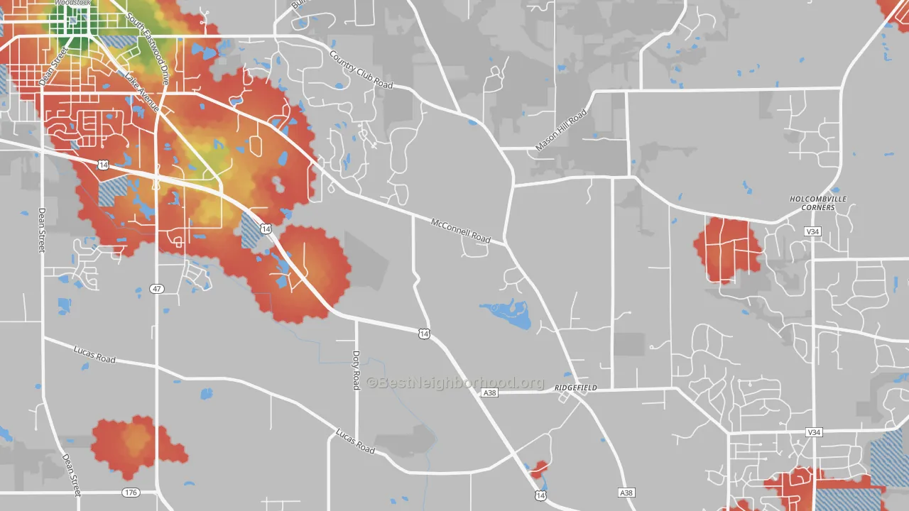 Walk Grade map of Ridgefield, IL, walkable areas in green and car-dependent areas in red